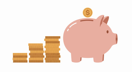Saving money illustration shows pink piggy bank with golden coins forming financial growth. Saving money, shown as wealth accumulation, includes piggy bank with coin and stacks.