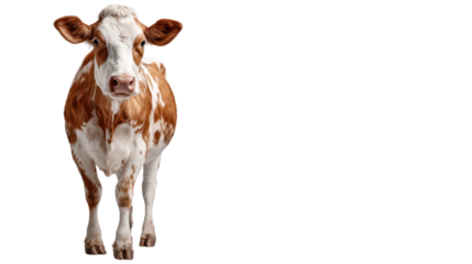 Cow with brown and white spots, standing against a white isolate background.