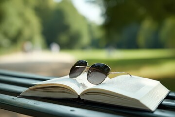 Open book with sunglasses resting on pages on a park bench