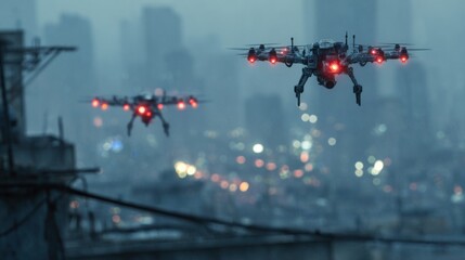Drones with red lights fly over cityscape, creating futuristic and surveillance atmosphere