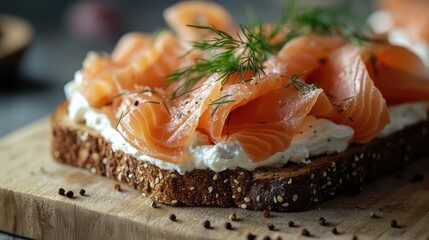Smoked salmon on cream cheese toast with dill garnishment closeup on a rustic wooden board