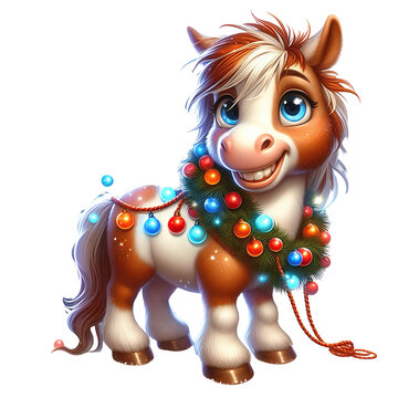 Funny cartoon horse decorated like a Christmas tree: green branches, colorful balls and a golden star on a white background.