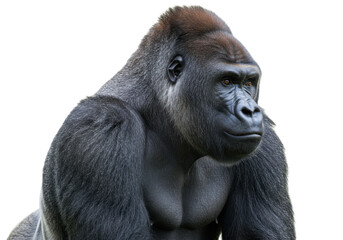 Isolated portrait of a thoughtful gorilla looking to the side on seamless backdrop