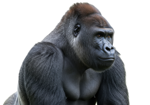 Isolated portrait of a thoughtful gorilla looking to the side on seamless backdrop