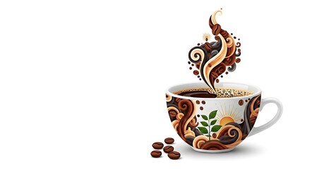 Artistic steaming coffee cup with decorative swirls and coffee beans