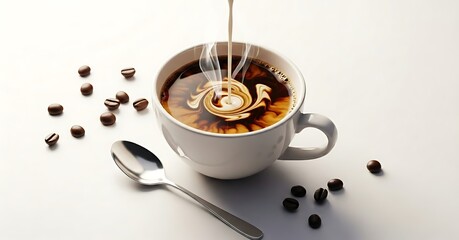 Cream swirling into a hot cup of coffee with coffee beans and spoon