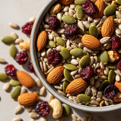 Gluten-free nut and seed mix with pumpkin seeds, almonds, cranberries, healthy vegan snack, top view flat lay

