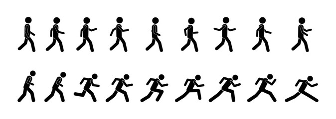 Stickman walking and running poses. Silhouette figure showing movement cycle from walking to sprinting. Vector icons of human activity, sport, exercise, fitness, and everyday motion sequence illustrat