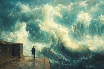 Man on pier gazes at huge wave.