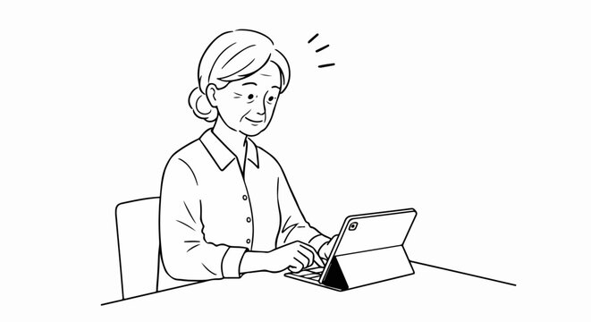 Senior woman using tablet for communication at home, sketching style illustrates connection. Senior woman using tablet for staying connected and active, enjoying modern technology. - Powered by Adobe