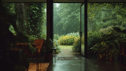 Open Doorway to Rainy Garden, Greenery and Nature.