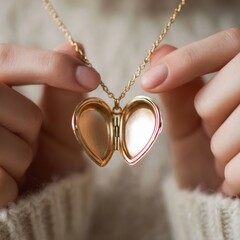 Open Golden Heart Locket Necklace Held by Woman in Cream Sweater