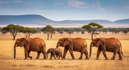 African Elephant Family Walks Across the Savannah Under a Wide Sky