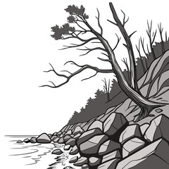 A solitary gnarled tree clings to a rocky shoreline with the calm water reflecting the sky and trees
