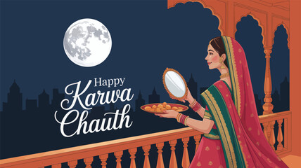 Woman performing Karwa Chauth ritual under moonlight with sieve, mirror, and offerings, celebrating Hindu tradition and marital devotion