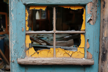 Broken window with shattered glass.