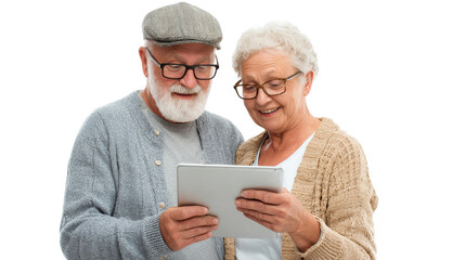 Elderly couple joyfully using a tablet, white isolated background.