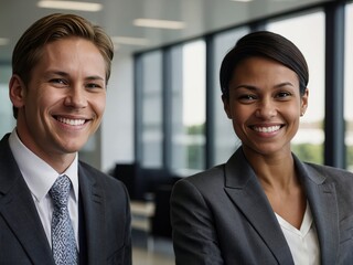 Smiling colleagues share a moment of success in a modern office setting during the afternoon light of a busy workday