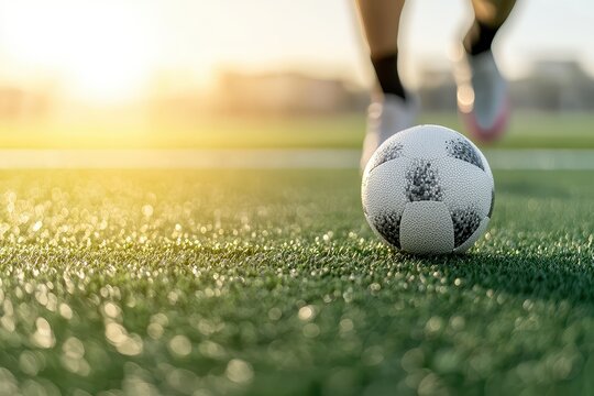 A close-up view of a soccer ball rolling on a grassy field, with sunlight illuminating the scene, creating a vibrant and dynamic atmosphere. - Powered by Adobe