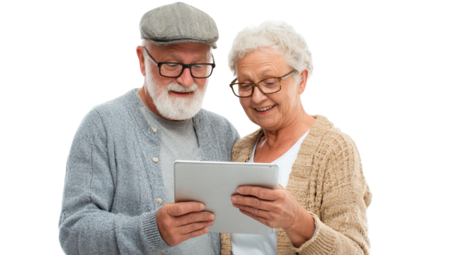 Elderly couple joyfully using a tablet, white isolated background.