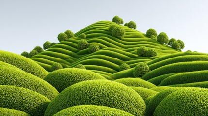 A lush, green, wavy hillside with trees and bushes, set against a clear, blue sky.