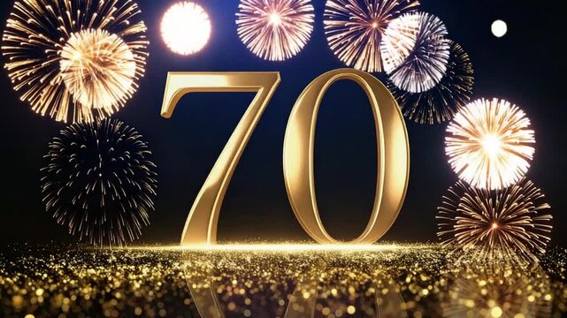 Golden number 70 with fireworks, symbol of joy and happiness for milestone birthday parties.  