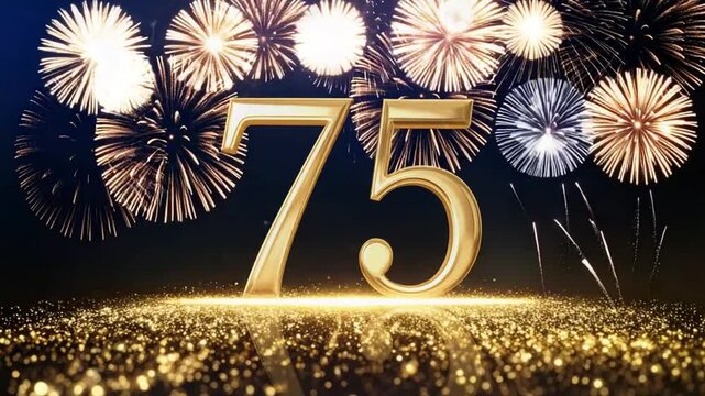 Golden number 75 with fireworks in the night sky, perfect for special birthday celebrations.  