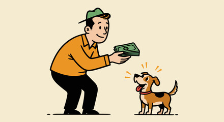 Man giving cash to pet dog, a playful scene of monetary compensation. Giving cash to pet dog showcases interaction between owner and canine companion, rewarding good behavior.
