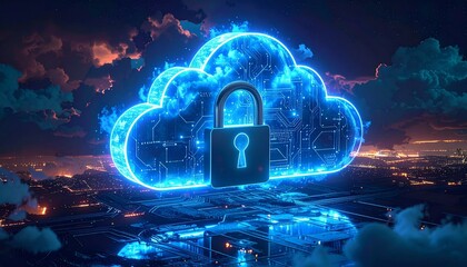 A glowing blue cloud with a central padlock floats in a dark digital space—surrounded by circuits and icons, evoking cybersecurity, data protection, and the futuristic rhythm of cloud infrastructure.
