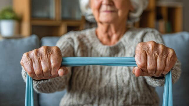Close-up of senior woman's hands exercising with a blue resistance band for strength training and physical therapy at home.