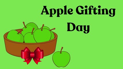 Apple Gifting Day celebration illustration with green apples in a wooden bowl decorated with a red ribbon on a green background, symbolizing healthy fruit sharing and festive giving