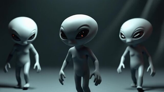 3D rendering. Gray aliens walk and look blinking on a dark smoky background.