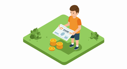 Boy holding money saving bond on green lawn. Money saving bond is held by child near stack of coins, with youthful enthusiasm. Illustrative money saving bond concept for securing financial future.