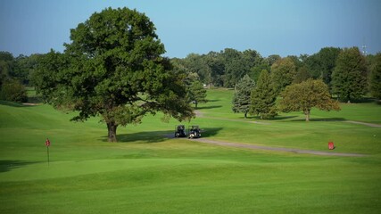 Players on the golf carts on the golf course. Golf carts. Active pastime. Type of sport for rich people