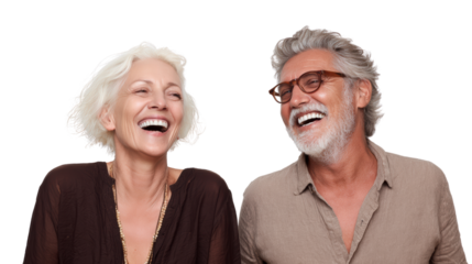 Happy elderly couple laughing together, isolated on white background.