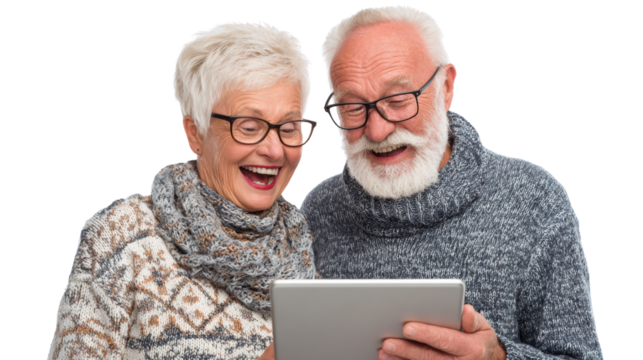 Joyful elderly couple sharing a moment while using a tablet, white isolate background.
