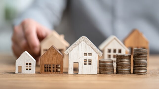 A person's hand placing a miniature wooden house on a stack of coins on a wooden table.