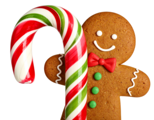 Gingerbread Man Peeking from Behind a Candy Cane, Red Bow Tie, Transparent PNG
