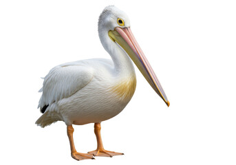 Isolated American White Pelican standing tall in profile, facing right, graceful bird