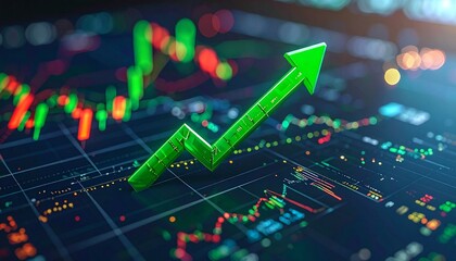 A green zigzag arrow rises across a digital stock interface—candlestick charts and data glow in the background, evoking bullish momentum, financial optimism, and the pulse of market growth.