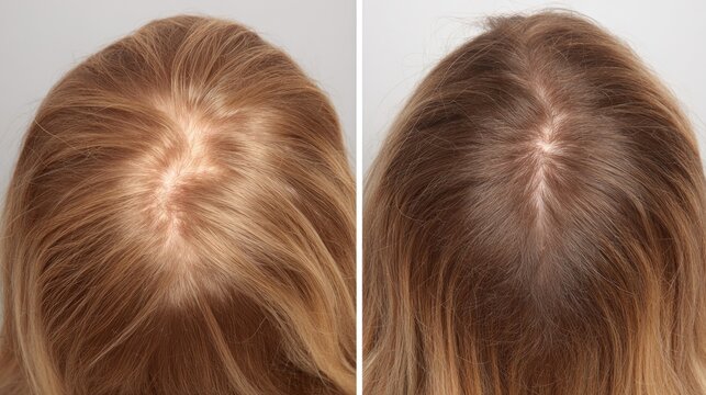 A woman's head with thinning hair and a bald spot, before and after hair loss treatment.