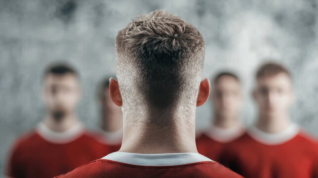 A player stands in focus, facing away, with teammates blurred in the background, all wearing red jerseys against a textured backdrop.
