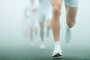 A blurred image of runners in motion, showcasing legs and feet, emphasizing speed and athleticism in a foggy environment.