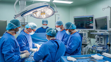 A group of surgeons performing a complex operation in a modern operating room. This image captures the intensity and collaboration of a medical team and is ideal for topics related to surgery, healthc
