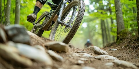 A cyclist navigates a rocky trail in a lush forest, showcasing the thrill of mountain biking in nature.