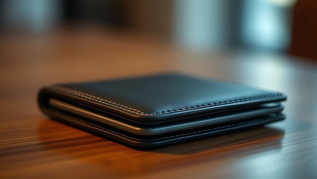A sleek wallet lies on a wooden surface, highlighted by warm ambient lighting in a minimalist setting.