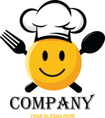 Smiling chef logo with a fork and spoon, perfect for a restaurant or food business