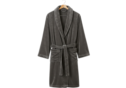 Isolated gray plush bathrobe with belt hanging on hanger, comfortable clothing item