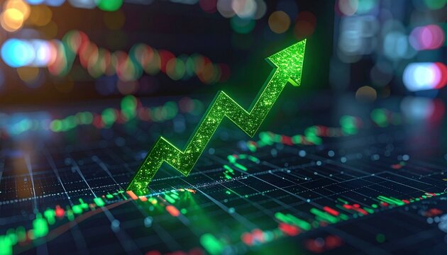 A green zigzag arrow rises across a digital stock interface—candlestick charts and data glow in the background, evoking bullish momentum, financial optimism, and the pulse of market growth. - Powered by Adobe