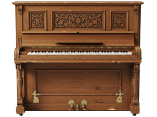 Classic wooden upright piano with carved decorations isolated on a transparent background